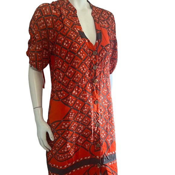 Anthropologie Moulinette Soeurs Silk Shirt Dress Button Up VNeck Size 12 Red - Picture 3 of 9